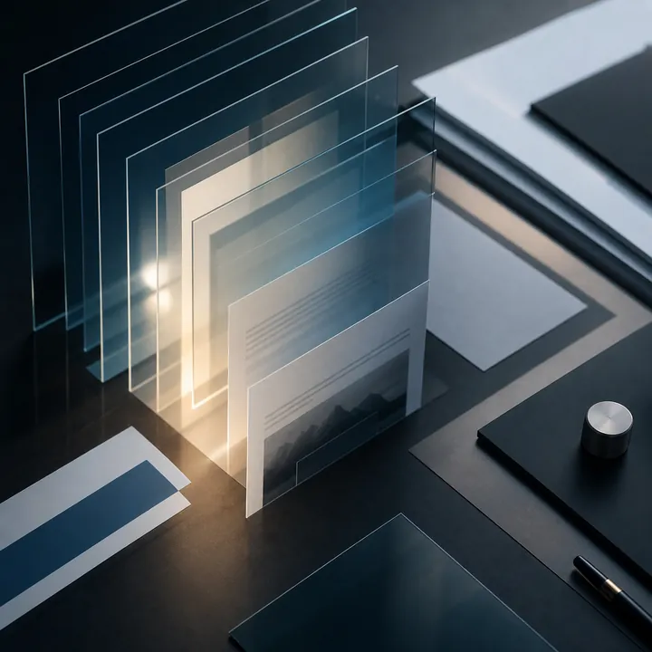 Layered glass and documents illuminated along a clear path